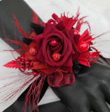 Load image into Gallery viewer, Everlasting flowers black &amp; red corsage w crystals – school formal, prom, graduation
