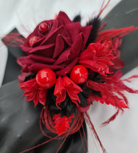 Load image into Gallery viewer, Everlasting flowers black &amp; red corsage w crystals – school formal, prom, graduation
