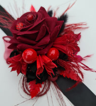 Load image into Gallery viewer, Everlasting flowers black &amp; red corsage w crystals – school formal, prom, graduation
