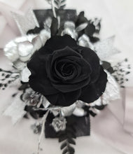 Load image into Gallery viewer, Preserved black rose &amp; silver corsage – school formal, prom, graduation
