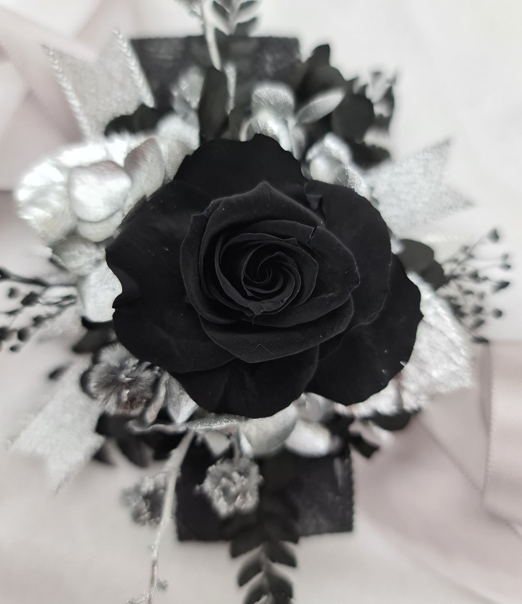 Preserved black rose & silver corsage – school formal, prom, graduation