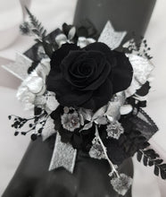 Load image into Gallery viewer, Preserved black rose &amp; silver corsage – school formal, prom, graduation
