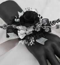Load image into Gallery viewer, Preserved black rose &amp; silver corsage – school formal, prom, graduation

