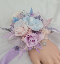 Load image into Gallery viewer, Preserved flowers pastel colour corsage blue, pink &amp; violet – school formal, prom, graduation
