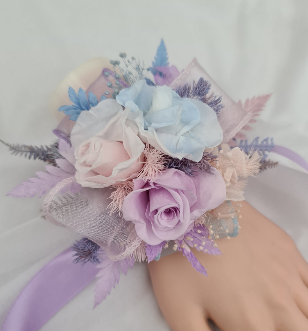 Preserved flowers pastel colour corsage blue, pink & violet – school formal, prom, graduation