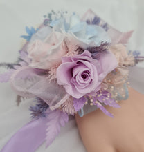 Load image into Gallery viewer, Preserved flowers pastel colour corsage blue, pink &amp; violet – school formal, prom, graduation
