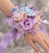 Load image into Gallery viewer, Preserved flowers pastel colour corsage blue, pink &amp; violet – school formal, prom, graduation
