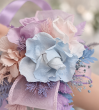 Load image into Gallery viewer, Preserved flowers pastel colour corsage blue, pink &amp; violet – school formal, prom, graduation
