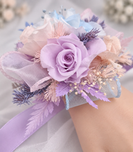 Load image into Gallery viewer, Preserved flowers pastel colour corsage blue, pink &amp; violet – school formal, prom, graduation
