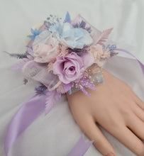 Load image into Gallery viewer, Preserved flowers pastel colour corsage blue, pink &amp; violet – school formal, prom, graduation
