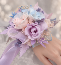 Load image into Gallery viewer, Preserved flowers pastel colour corsage blue, pink &amp; violet – school formal, prom, graduation
