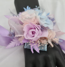 Load image into Gallery viewer, Preserved flowers pastel colour corsage blue, pink &amp; violet – school formal, prom, graduation

