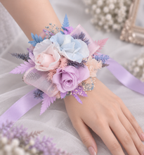 Load image into Gallery viewer, Preserved flowers pastel colour corsage blue, pink &amp; violet – school formal, prom, graduation
