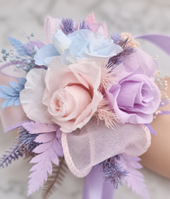 Load image into Gallery viewer, Preserved flowers pastel colour corsage blue, pink &amp; violet – school formal, prom, graduation
