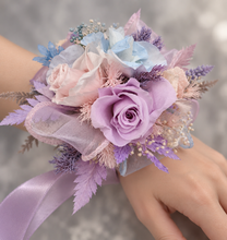Load image into Gallery viewer, Preserved flowers pastel colour corsage blue, pink &amp; violet – school formal, prom, graduation
