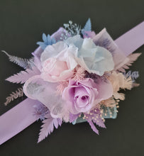 Load image into Gallery viewer, Preserved flowers pastel colour corsage blue, pink &amp; violet – school formal, prom, graduation
