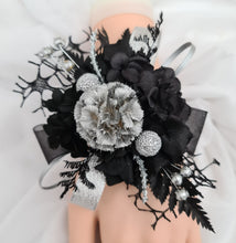 Load image into Gallery viewer, Snap lock corsage silver &amp; black preserved flowers – school formal, prom, graduation
