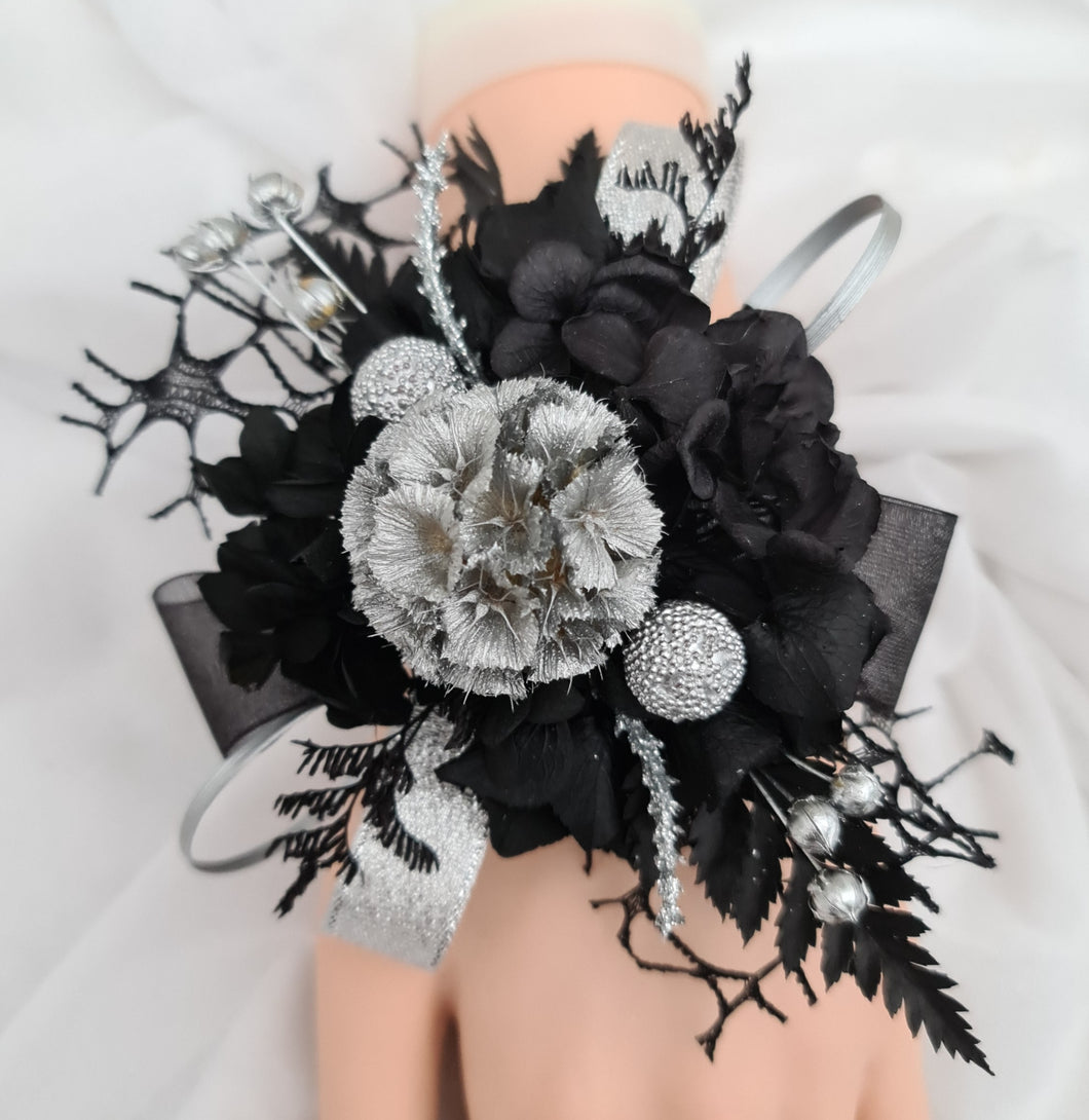 Snap lock corsage silver & black preserved flowers – school formal, prom, graduation