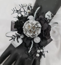 Load image into Gallery viewer, Snap lock corsage silver &amp; black preserved flowers – school formal, prom, graduation
