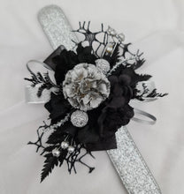 Load image into Gallery viewer, Snap lock corsage silver &amp; black preserved flowers – school formal, prom, graduation
