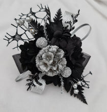 Load image into Gallery viewer, Snap lock corsage silver &amp; black preserved flowers – school formal, prom, graduation
