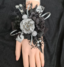 Load image into Gallery viewer, Snap lock corsage silver &amp; black preserved flowers – school formal, prom, graduation
