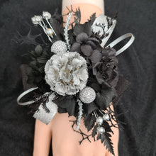 Load image into Gallery viewer, Snap lock corsage silver &amp; black preserved flowers – school formal, prom, graduation
