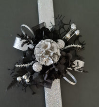 Load image into Gallery viewer, Snap lock corsage silver &amp; black preserved flowers – school formal, prom, graduation
