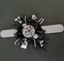 Load image into Gallery viewer, Snap lock corsage silver &amp; black preserved flowers – school formal, prom, graduation
