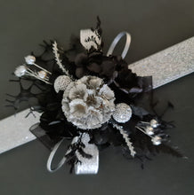 Load image into Gallery viewer, Snap lock corsage silver &amp; black preserved flowers – school formal, prom, graduation
