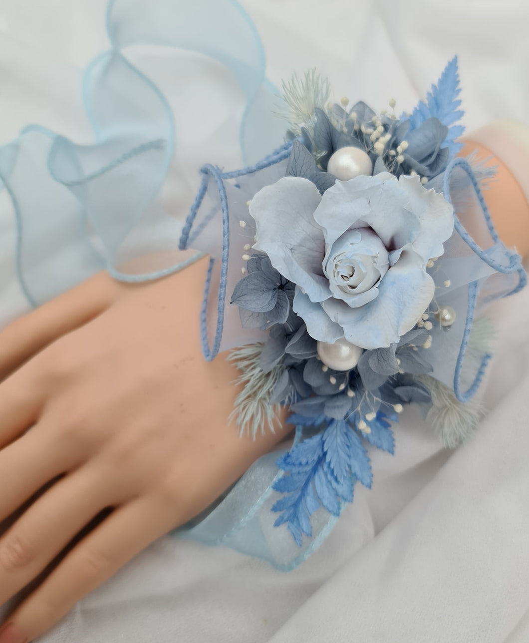 Pastel blue reflexed rose preserved flowers corsage - school formal, prom, graduation