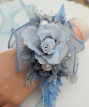 Load image into Gallery viewer, Pastel blue reflexed rose preserved flowers corsage - school formal, prom, graduation
