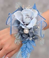 Load image into Gallery viewer, Pastel blue reflexed rose preserved flowers corsage - school formal, prom, graduation
