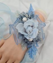 Load image into Gallery viewer, Pastel blue reflexed rose preserved flowers corsage - school formal, prom, graduation
