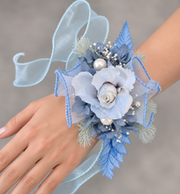Load image into Gallery viewer, Pastel blue reflexed rose preserved flowers corsage - school formal, prom, graduation
