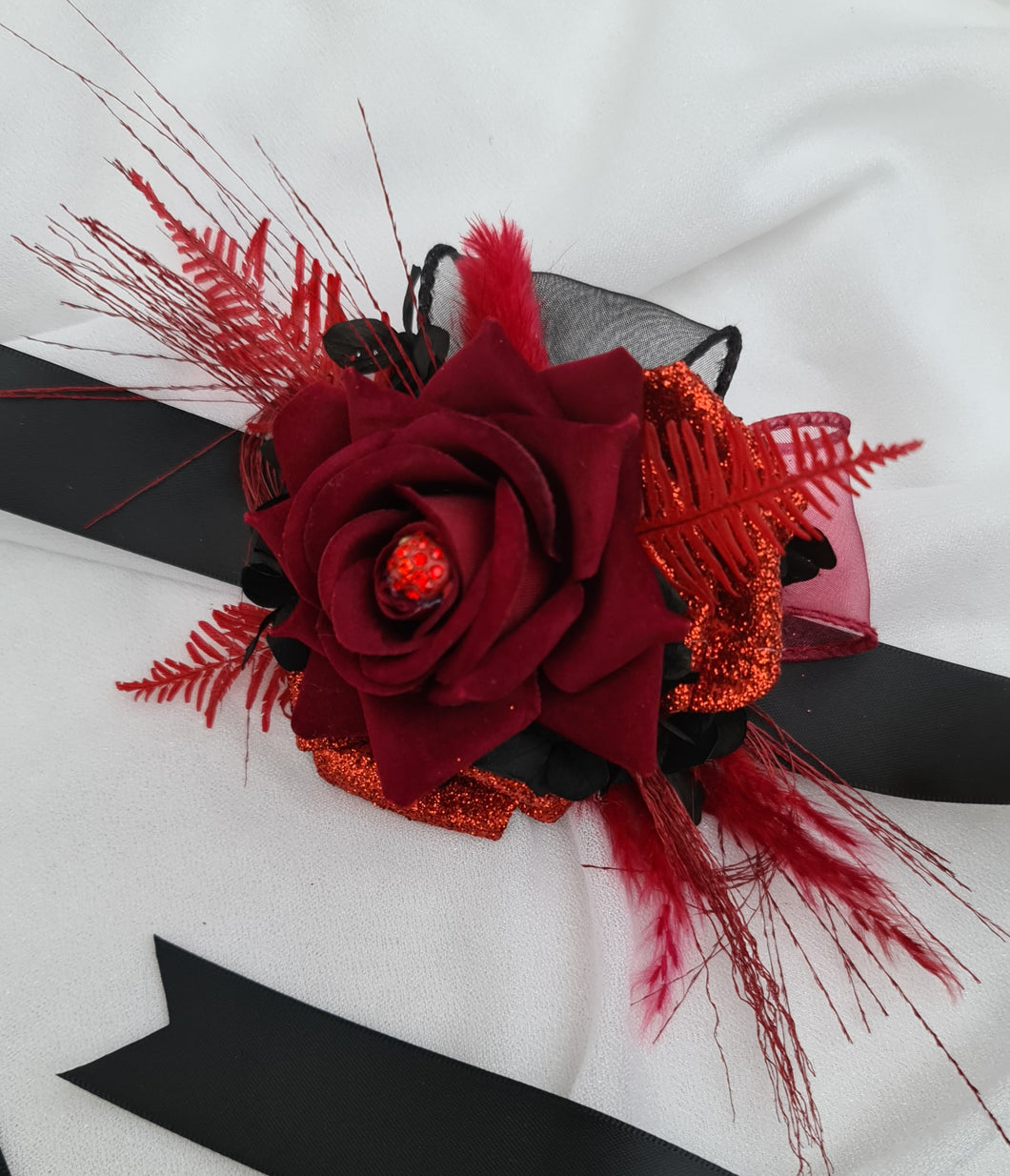 Everlasting flowers black & red corsage w glitter n crystals – school formal, prom, graduation, wedding