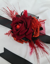 Load image into Gallery viewer, Everlasting flowers black &amp; red corsage w glitter n crystals – school formal, prom, graduation, wedding
