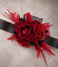 Load image into Gallery viewer, Everlasting flowers black &amp; red corsage w glitter n crystals – school formal, prom, graduation, wedding
