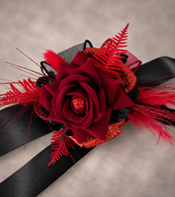 Load image into Gallery viewer, Everlasting flowers black &amp; red corsage w glitter n crystals – school formal, prom, graduation, wedding
