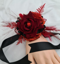 Load image into Gallery viewer, Everlasting flowers black &amp; red corsage w glitter n crystals – school formal, prom, graduation, wedding
