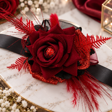 Load image into Gallery viewer, Everlasting flowers black &amp; red corsage w glitter n crystals – school formal, prom, graduation, wedding
