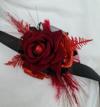 Load image into Gallery viewer, Everlasting flowers black &amp; red corsage w glitter n crystals – school formal, prom, graduation, wedding
