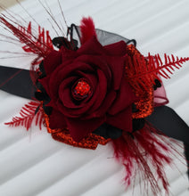 Load image into Gallery viewer, Everlasting flowers black &amp; red corsage w glitter n crystals – school formal, prom, graduation, wedding
