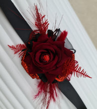 Load image into Gallery viewer, Everlasting flowers black &amp; red corsage w glitter n crystals – school formal, prom, graduation, wedding

