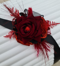 Load image into Gallery viewer, Everlasting flowers black &amp; red corsage w glitter n crystals – school formal, prom, graduation, wedding

