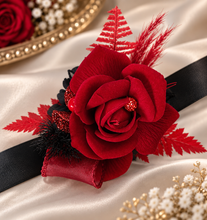 Load image into Gallery viewer, Everlasting flowers bright red &amp; black corsage w glitter – school formal, prom, graduation, wedding
