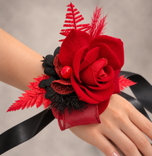 Load image into Gallery viewer, Everlasting flowers bright red &amp; black corsage w glitter – school formal, prom, graduation, wedding
