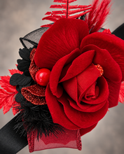 Load image into Gallery viewer, Everlasting flowers bright red &amp; black corsage w glitter – school formal, prom, graduation, wedding
