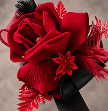 Load image into Gallery viewer, Everlasting flowers bright red &amp; black corsage w glitter – school formal, prom, graduation, wedding
