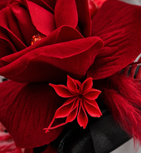 Load image into Gallery viewer, Everlasting flowers bright red &amp; black corsage w glitter – school formal, prom, graduation, wedding
